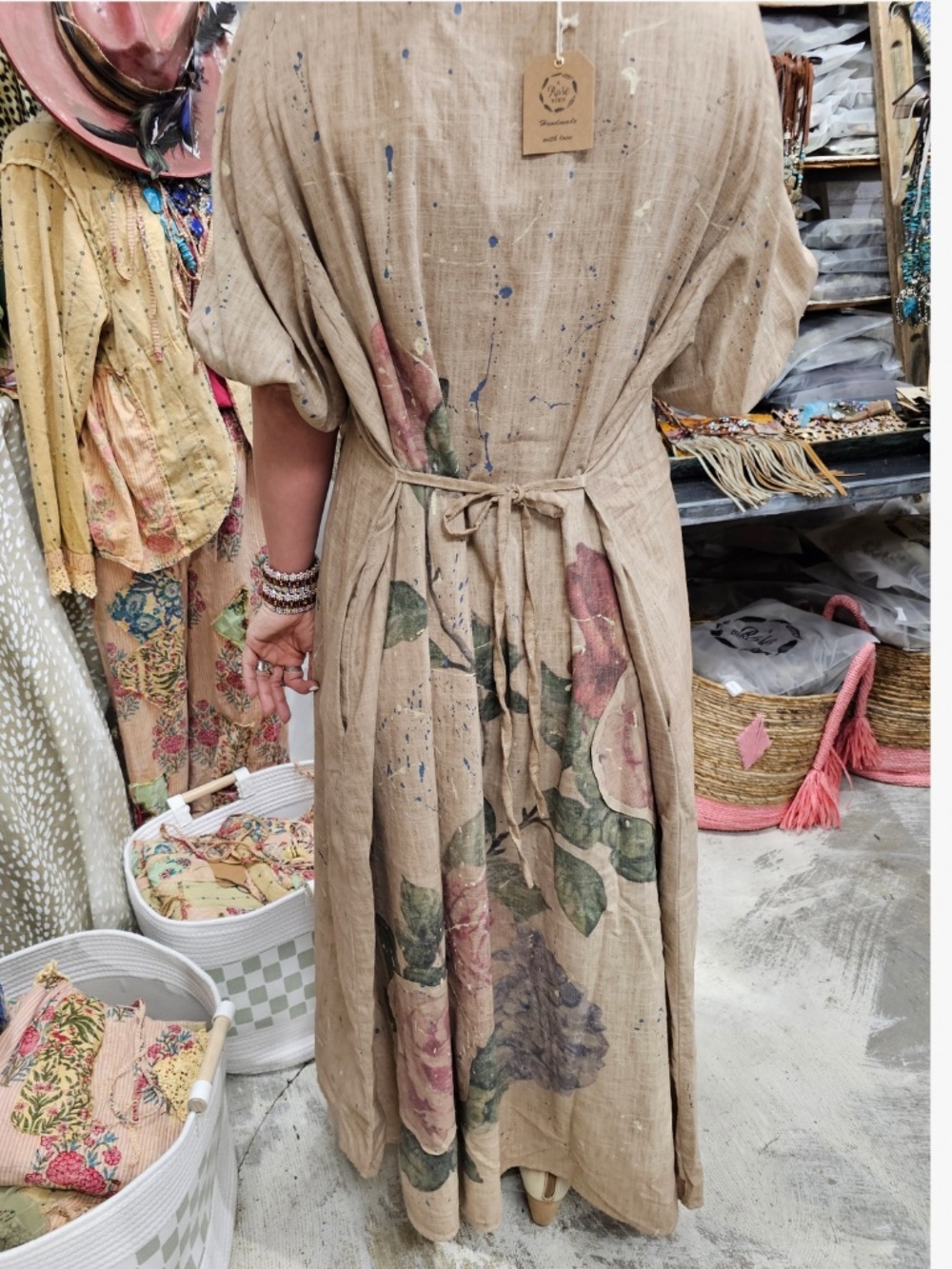 🎉 A RARE BIRD “ LINEN ROSE “ A RARE BIRD HAND MADE LINEN ROSE DRESS LONG - Picture 2 of 5